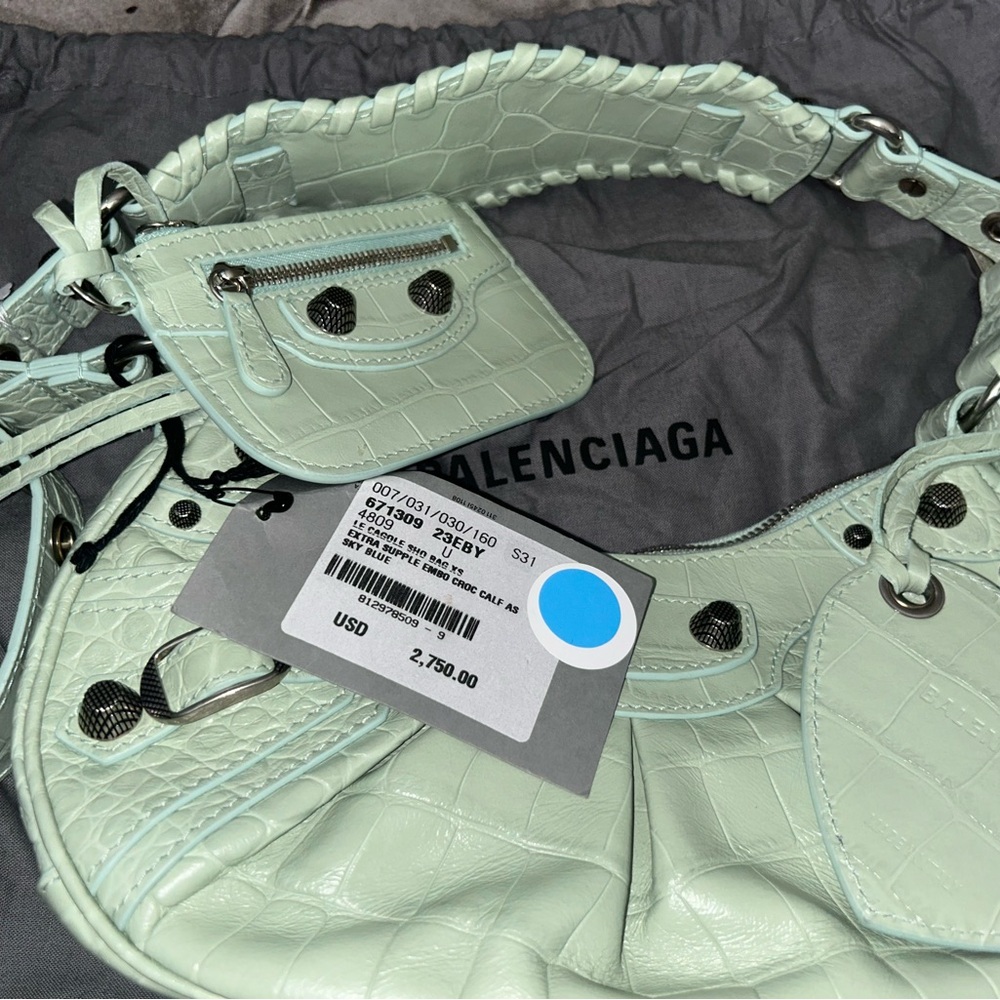 Balenciaga Green Shoulder Bag with Textured Leather and Studded Details